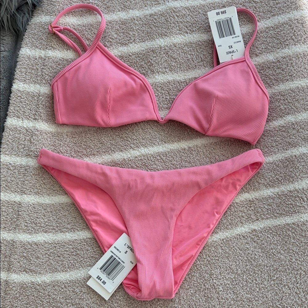 l*space Pink Ribbed Bikini Top and Bottom Set